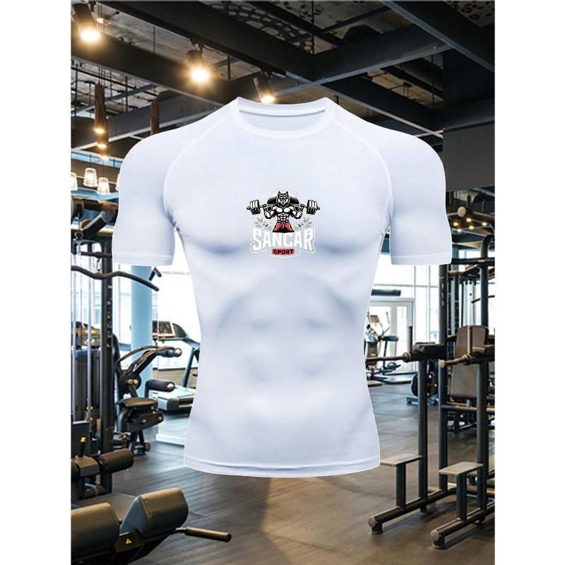 Mens White Compression Short Sleeve T-Shirt Dumbbell S.W.O.A.R Graphic Slim Fit Gym Workout And Running Athletic Top
