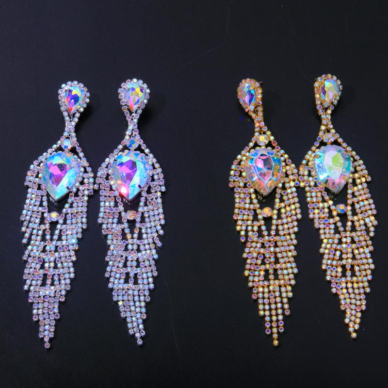 Trendy Colored Diamond Tassel Earrings: European American Fashion with Creative Rhinestone Design