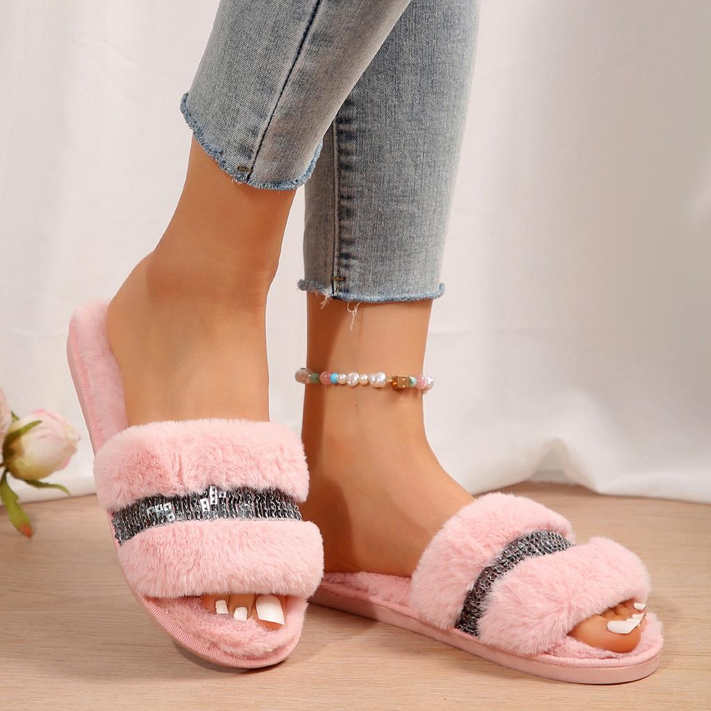 Fashion Glitter Furry Slippers Warm Indoor Outdoor Winter House Shoes for Women Men
