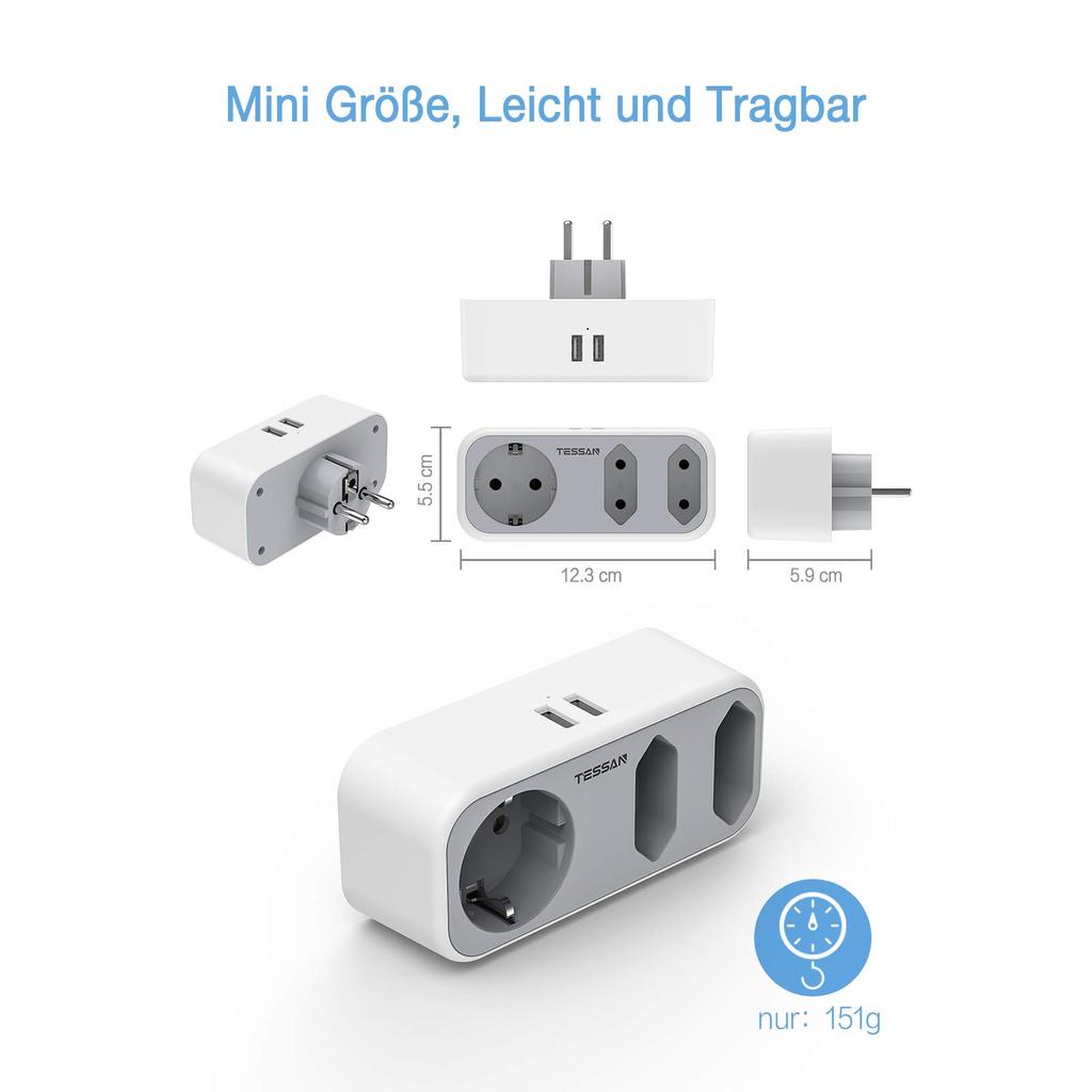 Tessan 5 viename USB lizdo adapteris su 2 USB prievadais ir 3 EU lizdais ES kištukinio lizdo maitinimo juosta biurui / namams