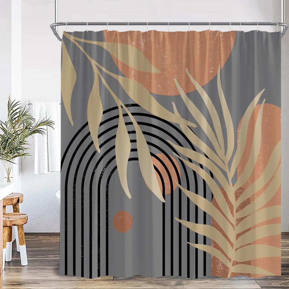 Mid Century Abstract Shower Curtain Leaf Curve Simple Line Nordic Modern Bathroom Decor Polyester Fabric Bath Curtain With Hoo