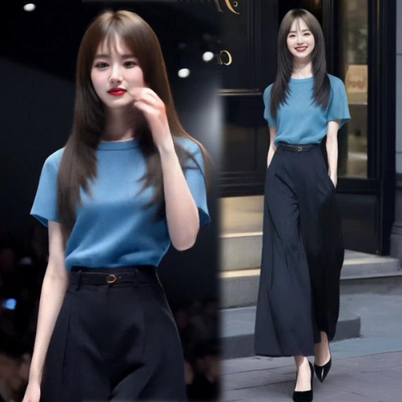 

Chic Women s Summer Two-Piece Set: Stylish Short Sleeve Top & High Waist Wide Leg Pants Large