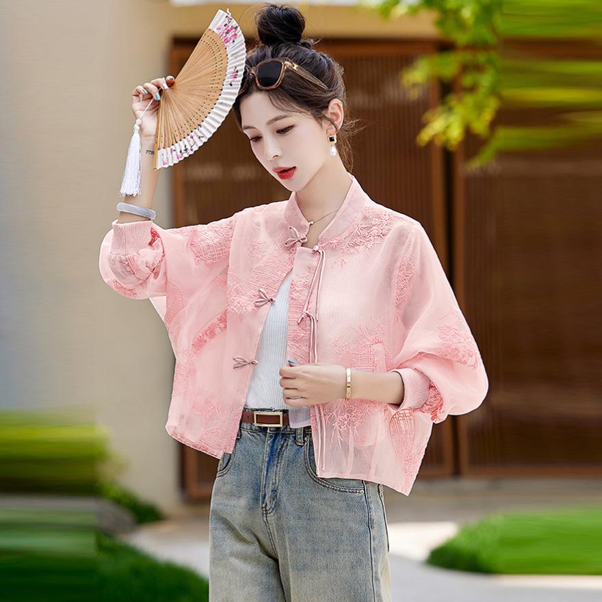 

Легкая ретро-вышитая куртка для женщин, чтобы хорошо выглядеть летом, тонкая солнцезащитная одежда и топы из пряжи Эуген XXL розовый
