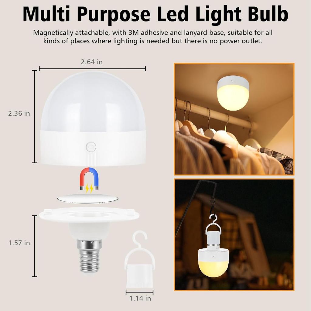 Rechargeable Light Bulb with Timer and Remote, Dimmable Battery Light Bulbs with Magnetic Base, E14 Detachable Charging LED Bulb, Non Hardwired Lamps