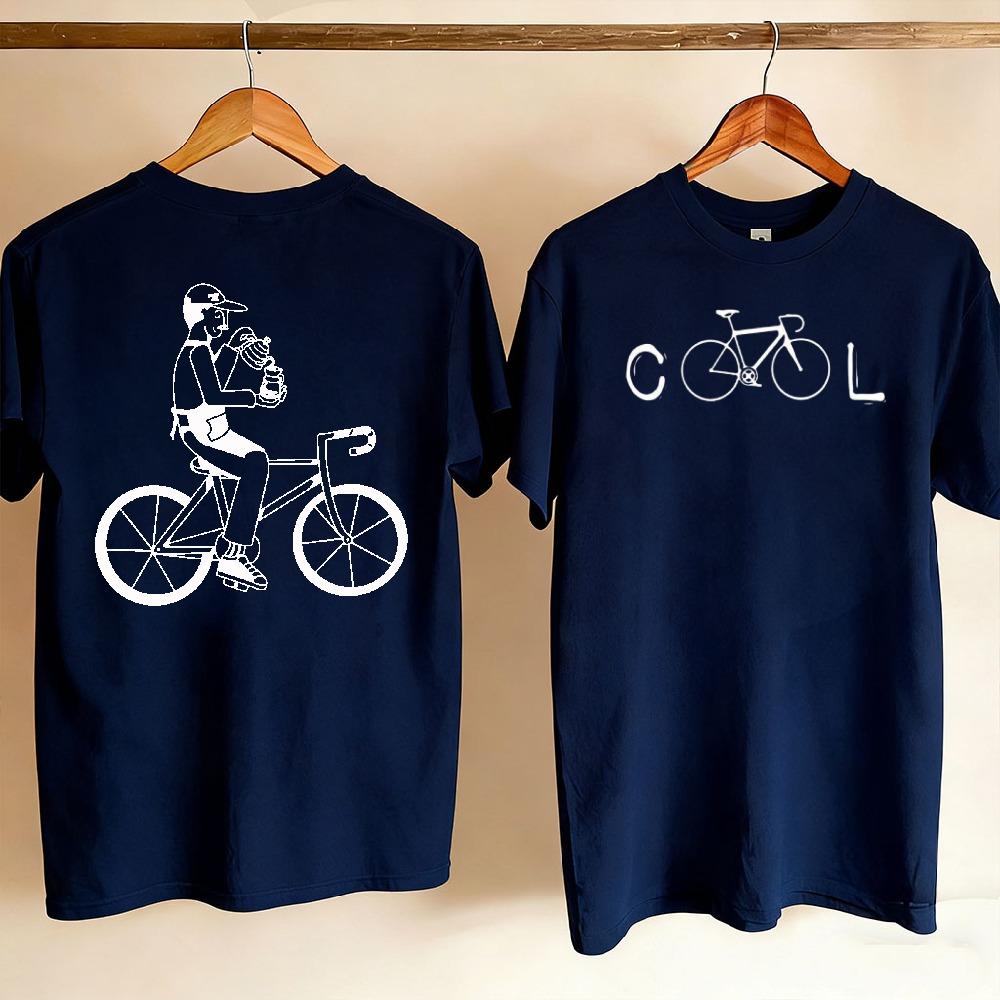 Couple Front Back Printed T Shirt Minimalist Cool Bicycle Word Front Unisex Riding Bike Holding Drink Line Art Casual Cycling Tees