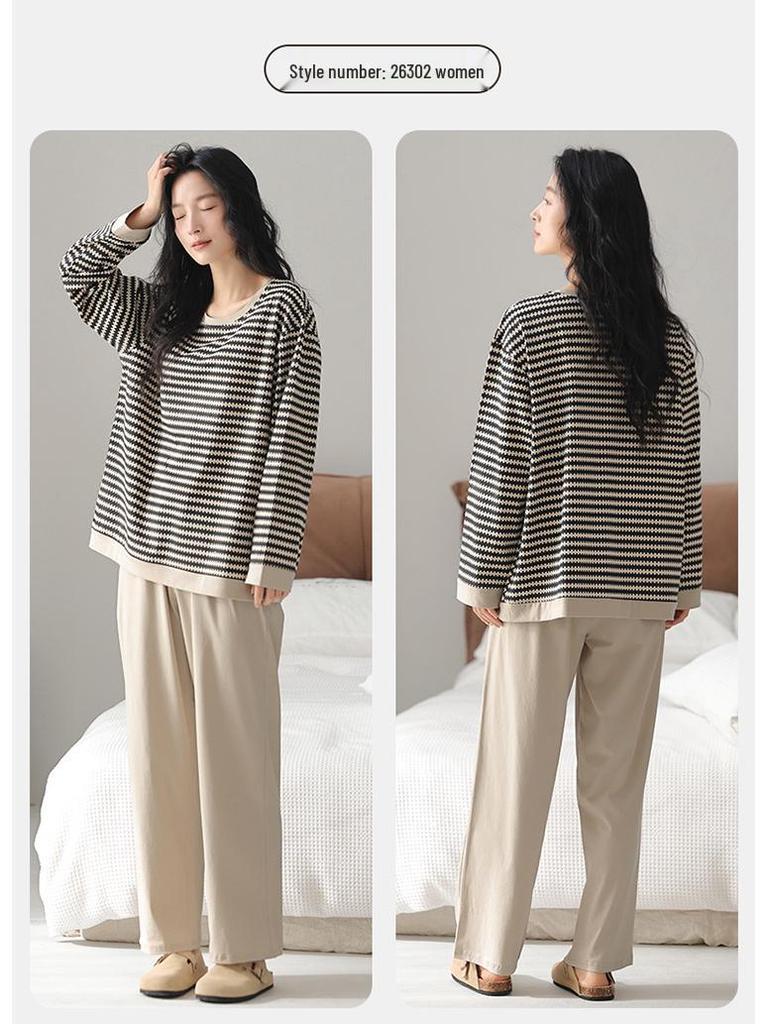 2025 New Couple's Pure Cotton Striped Pajama Set - Long Sleeve for Spring and Autumn