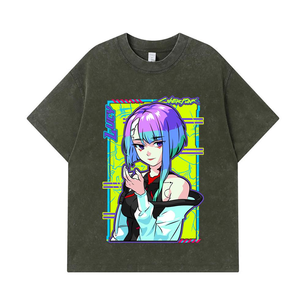 275 GSM Washed T-shirts 100% Cotton Cyberpunk Edgerunners V8 Lucy Print Unisex Heavy Cotton T Shirt