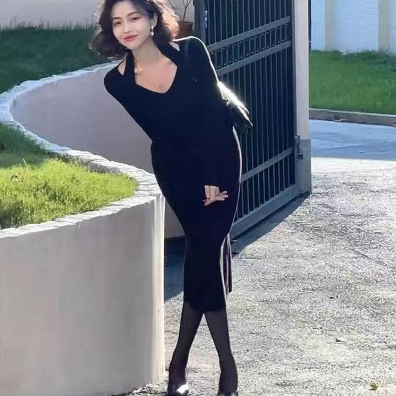 

Тонкое вязаное платье-свитер с подвесным вырезом для женщин, весна и осень 2023, новое длинное платье с открытой талией, женские топы One Size чёрный