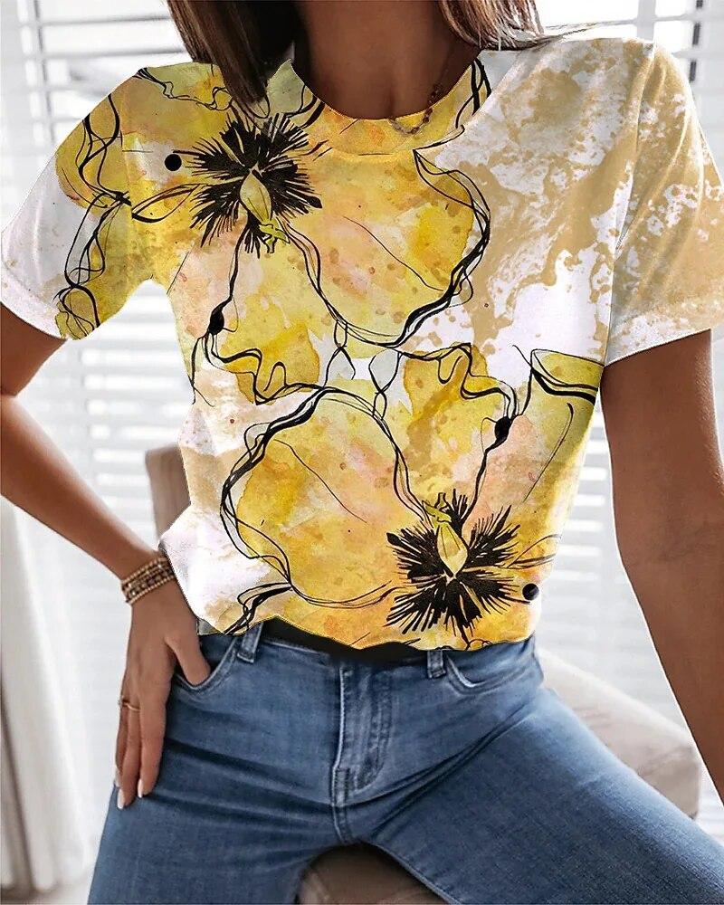 Sommer Dame 3D-trykte Blomster T-skjorte Mote Trend Topper Dame Casual Kortermet Klær Jenter O-hals Elegante T-skjorter