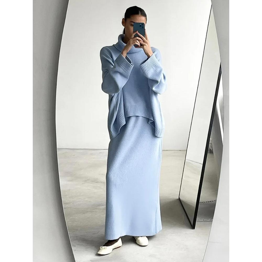 Women's Knitted Turtleneck Sweater Skirt 2- Piece Set  Autumn Winter Loose Knit Outfit Casual Warm Suit