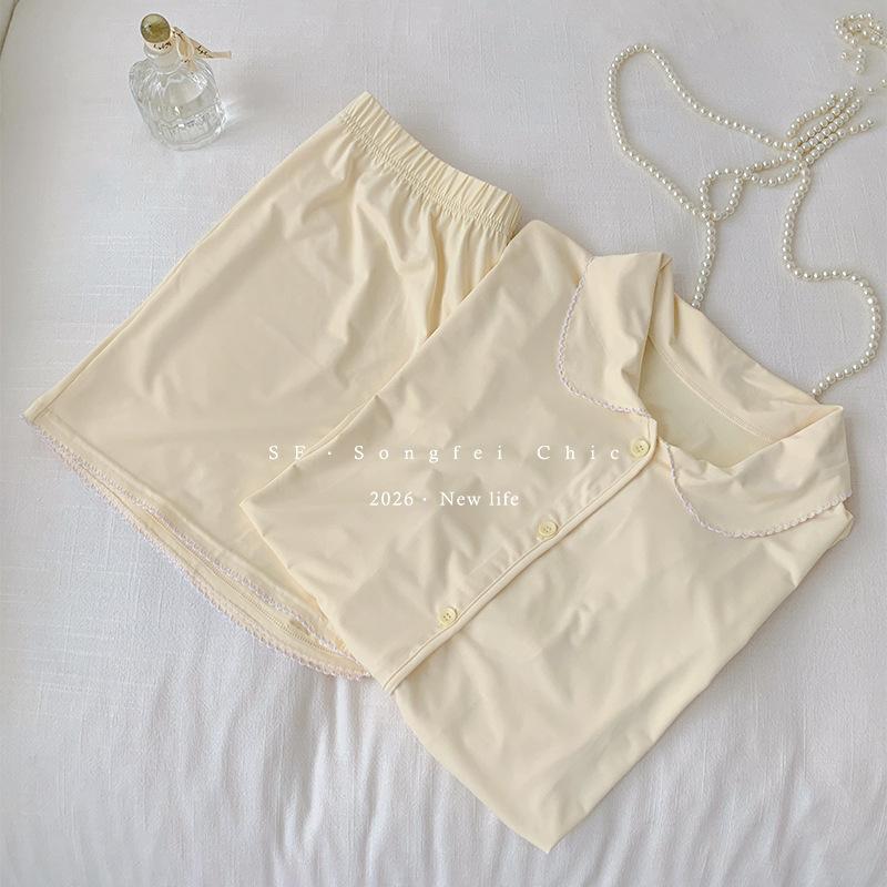 

Ice silk pajamas women s summer dog teeth doll collar set loose short-sleeved shorts lapel loungewear One size fits all (osfa)