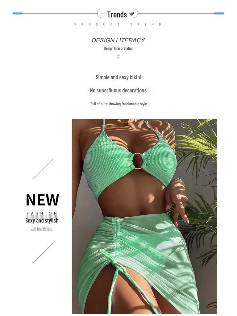 2024 Ruffled Steel Ring Bikini Three-Piece Set - European & American Women's Swimsuit