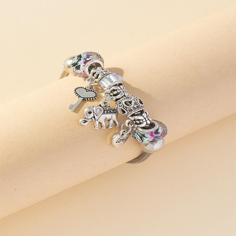 Handmade Beaded Bracelet with Heart Elephant Pendant Key Crystal Charm Jewelry
