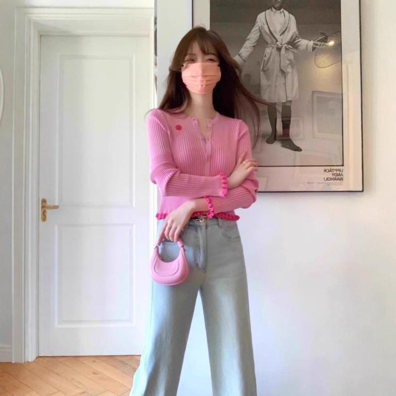 Pink knitted cardigan jacket women's thin short short short long-sleeved top sweater temperament commuting