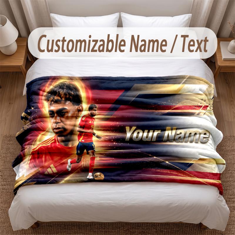 Lamine Yamal Printed Flannel Blanket Custom Name Text Soft Warm Throw For Bedroom Holiday Gift