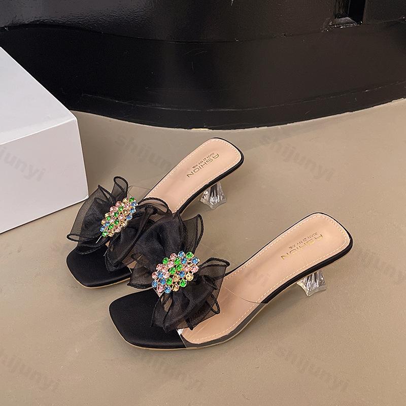 

Fashion Elegant Bow Rhinestone Design Thin Heel Sandals for Women 2025 Summer New Open Toed Square Head Slippers Comfortable Beach Drags 35 чёрный
