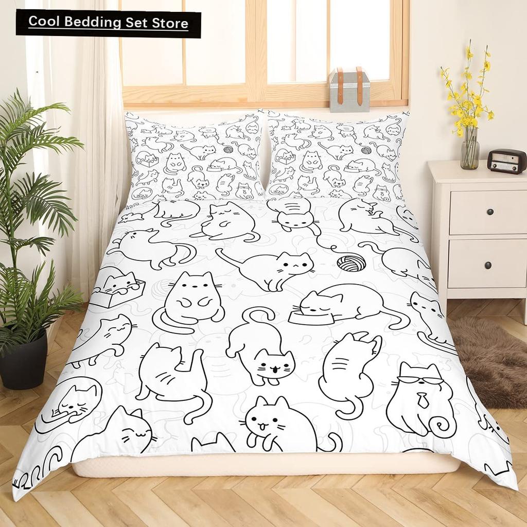 Cute Cat King Queen Duvet Cover Kitten Bedding Set Purple Floral Butterflies Polyester Quilt Cover Pet Animal Comforter Cover