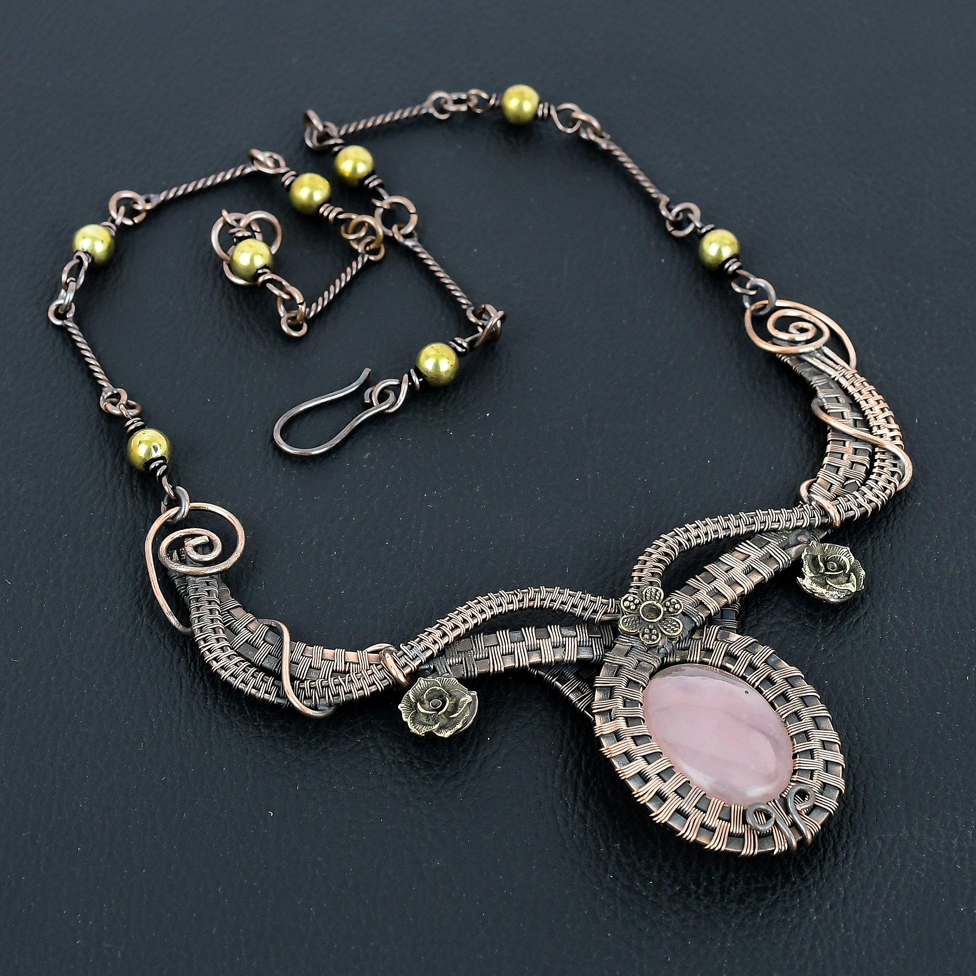 

Rose Quartz Handmade Latest Design Jewelry Necklace, 999 Copper Wire Wrapped Gemstone Necklace, Gift For Mother