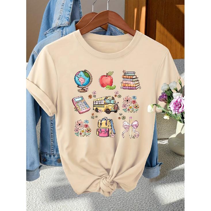 Back-to-School Season Fashionable and Elegant Pencil and Other Campus-themed Pattern Printed Round-neck Short-sleeve Shirt T Women's Shirts for