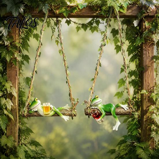 Whimsical Tree Hanging Sculpture 2Pcs Swing Frog Garden Statue with Hemp Rope, Ornament Beer/Wine Creative Landscaping Gifts for Outdoor Decor,