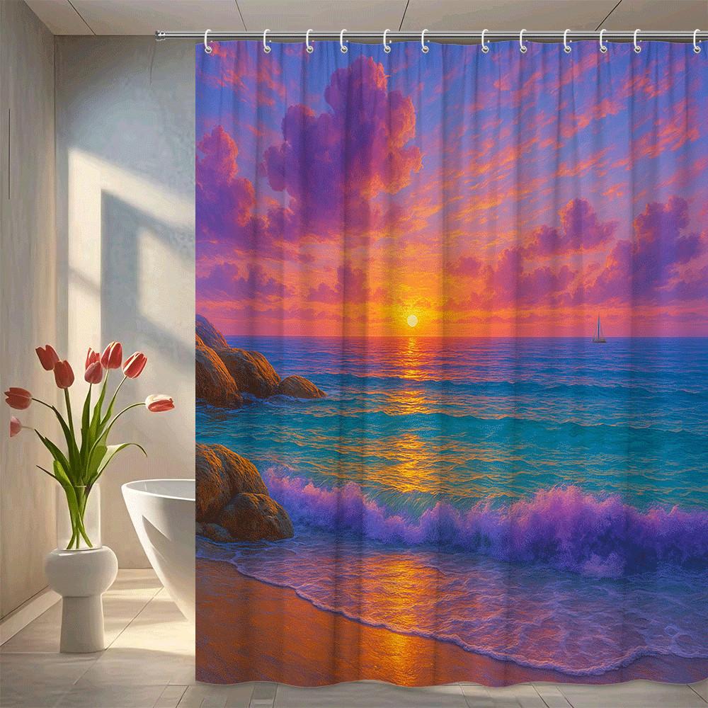 

Ocean Sunset Shower Curtain Purple Sky Golden Waves &Sailboat Romantic Beach Scene Bathroom Decor Waterproof Simple Installation W60H190(CM)-1 Pcs