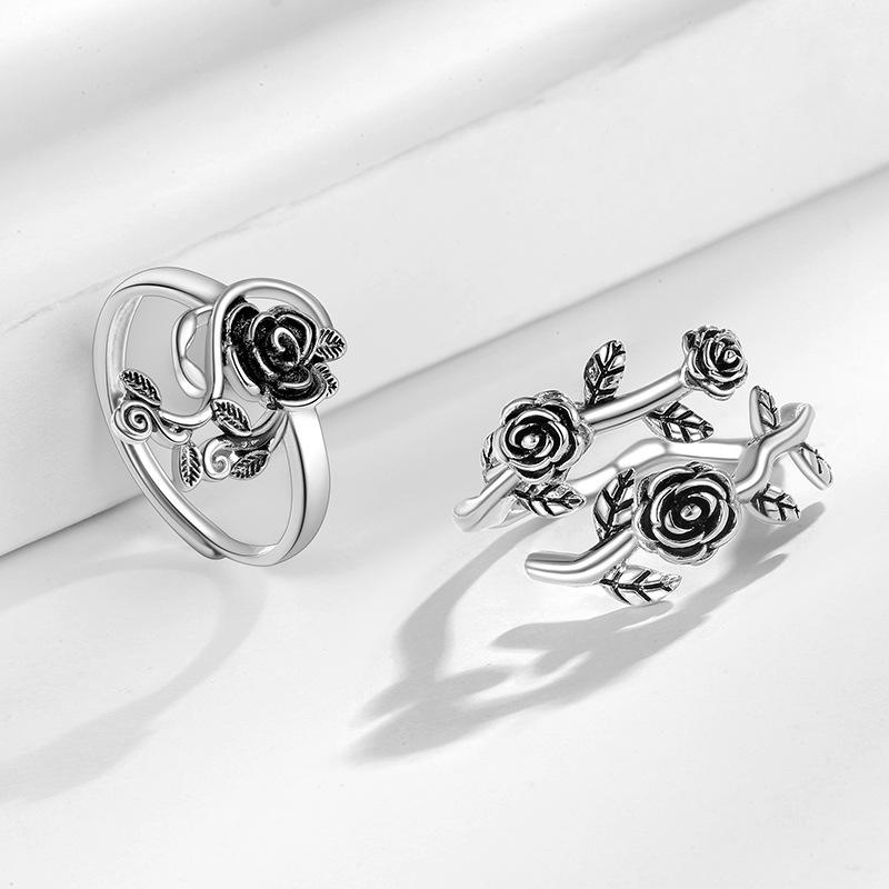 Silver Retro Thai Rose Leaf Ring - Women's Versatile Temperament Index Finger Accessory
