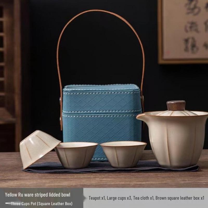 Portable Ru Kiln Kung Fu Tea Set: One Pot, Three Quick-Brew Cups, Perfect for Corporate Gifts