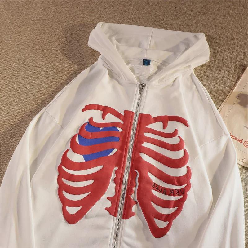 Women's Loose Skull Print Hooded Cardigan Sweatshirt with Zipper - Autumn/Winter Trendy Long-Sleeved Jacket