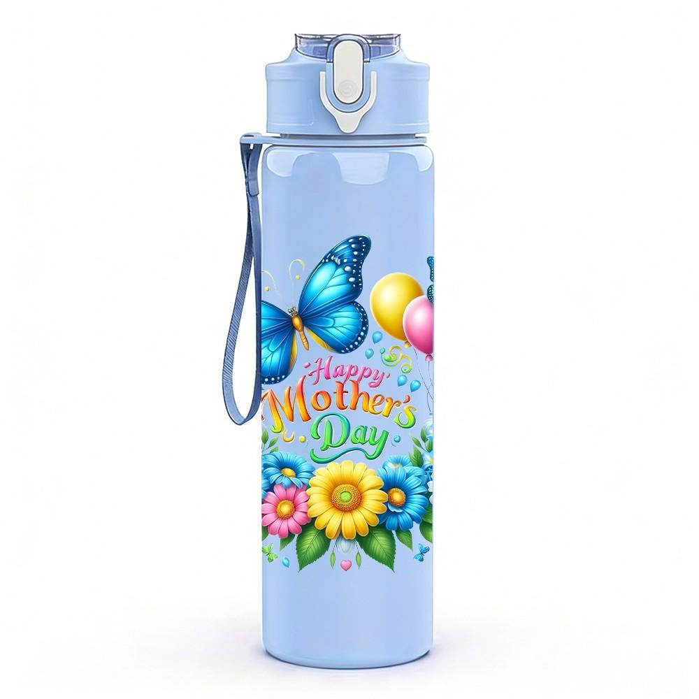 1PC Colorful Butterfly And Flower Wreath Pattern 750ml Color Plastic Sports Water Bottle Leakproof Flip Straw Lid Suitable for Sports Office Home Use