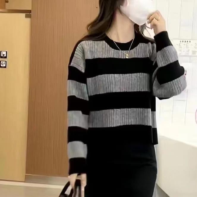 

Корейский осенне-зимний женский ретро-полосатый вязаный пуловер свитер свободный топ L серый