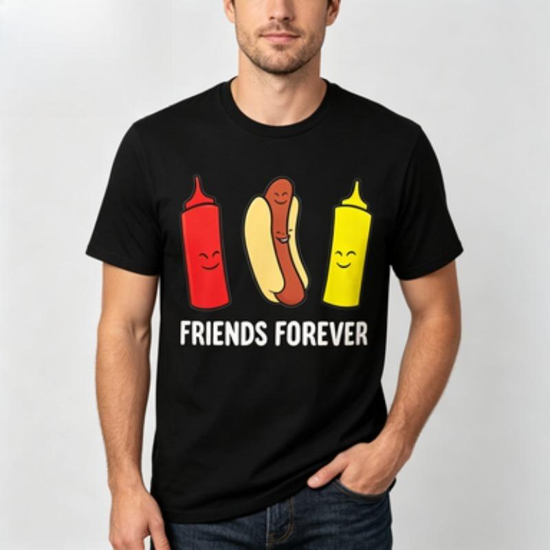 Unisex 100 Cotton O Neck T Shirt Cute Cartoon Hot Dog Ketchup Mustard Bottles Friends Forever Text Fast Food Tee Tops