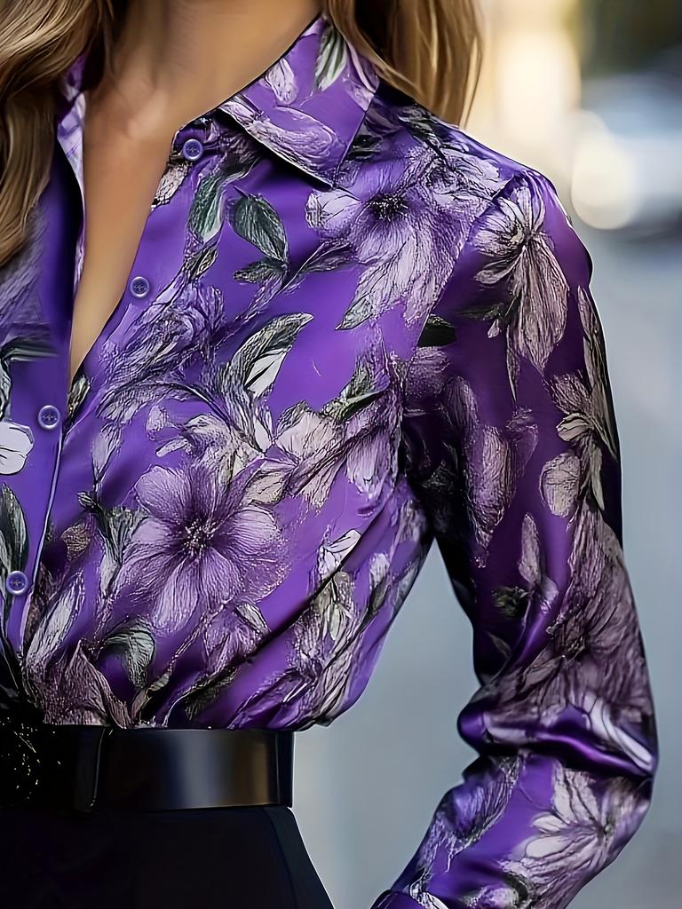 Women's Summer Style Shirt - Fashion Women's Clothing - Long-Sleeved Printed Satin Shirt - Elegant and Casual, Versatile for All Seasons