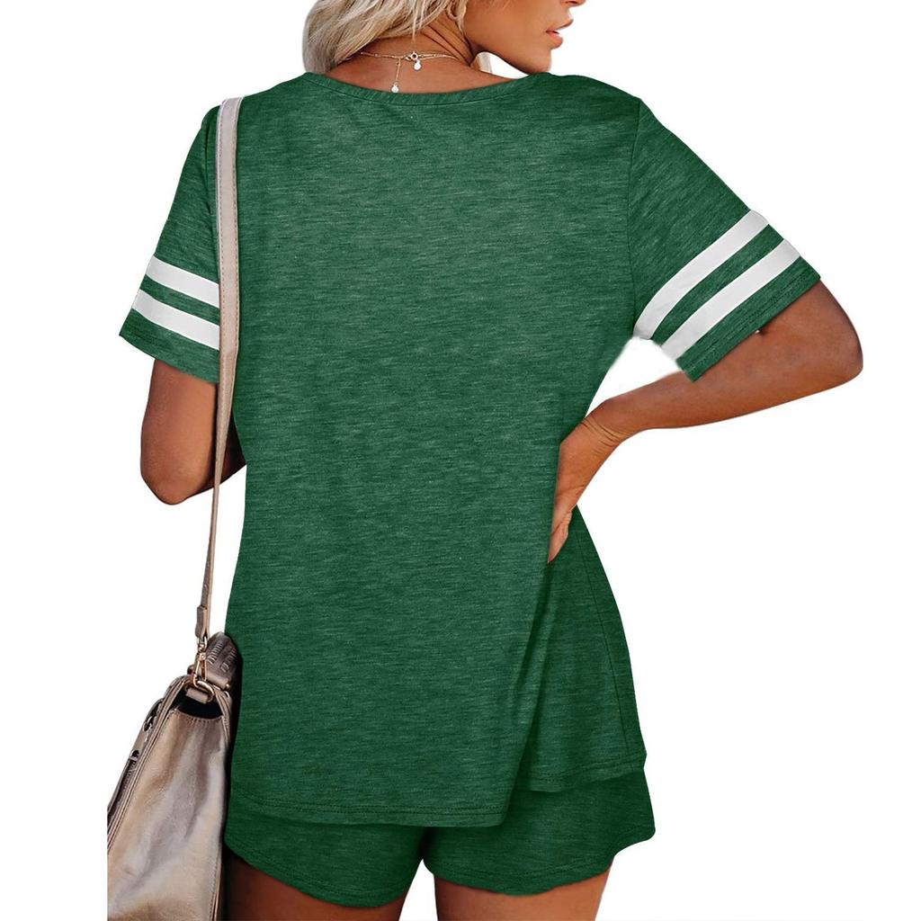 Women Casual Home Sleepwear Round Neck Short Sleeve Stripe Two-Piece Sets