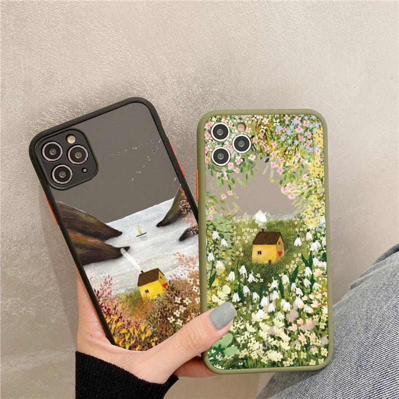 Retro Scenery Painted Phone Case For iphone 16 7 8 Plus SE2 X XS XR 16 14 12 13 11 Pro Max Large Flower Fields Log Cabin Covers