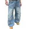 Unisex Distressed Washed Denim Jeans Loose Wide Leg Straight Cut Streetwear Pants Teens Adults
