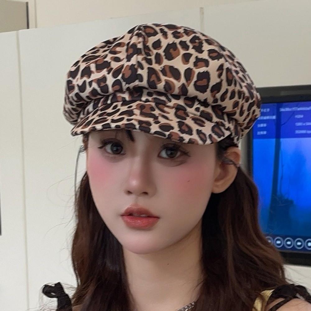 Y2K Leopard Print Octagonal Hat Spot Peaked Cap Cute Women Beret Ladies