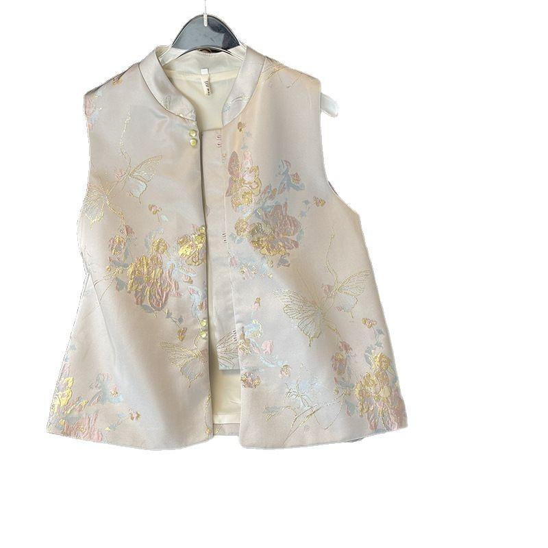 Real Shot Retro Button Small Crew Neck Top Vest Cardigan Embroidered Woman