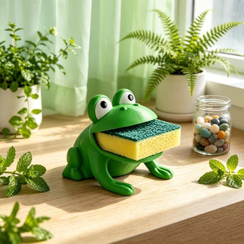 Cute Frog Shaped Sponge Holder with Drainage Kitchen Sink Sponge and Dish Brush Storage Rack Countertop Organizer