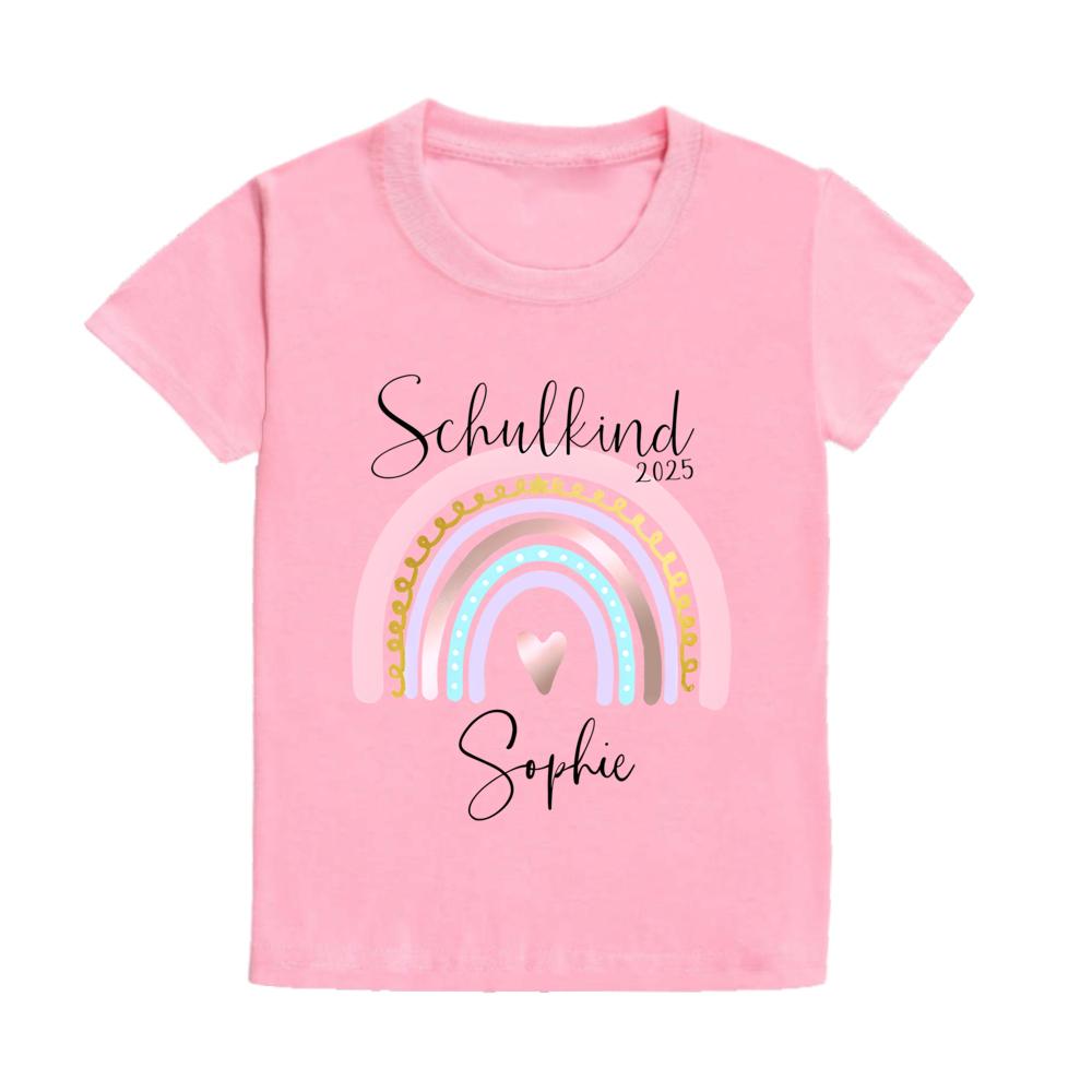 Söt skolbarns-t-shirt med namn Regnbåge Skolbarn 2025 T-shirts Personlig Första klass t-shirt Gåva första skoldagen