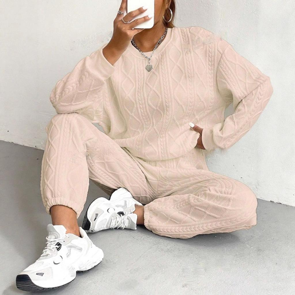 Women's Crew Neck Cable Knit Textured Long Sleeve Sweatshirt & Jogger Pants 2 Piece Loungewear Tracksuit Set