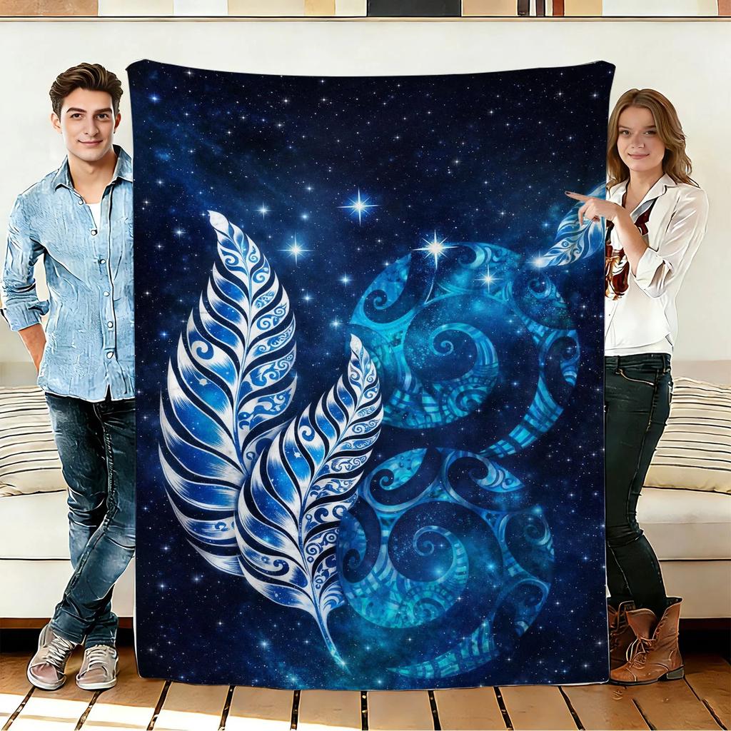 Blue Feather and Galaxy Flannel Blanket Soft Cozy Throws Napping Travel Use