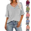 Summer V-neck Color Striped Short Sleeved T-shirt with Pockets Shoulder Sleeves T-Shirts Women’s