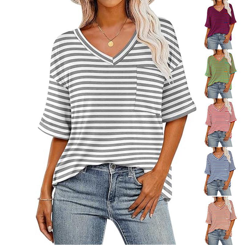 Summer V-neck Color Striped Short Sleeved T-shirt with Pockets Shoulder Sleeves T-Shirts Women’s