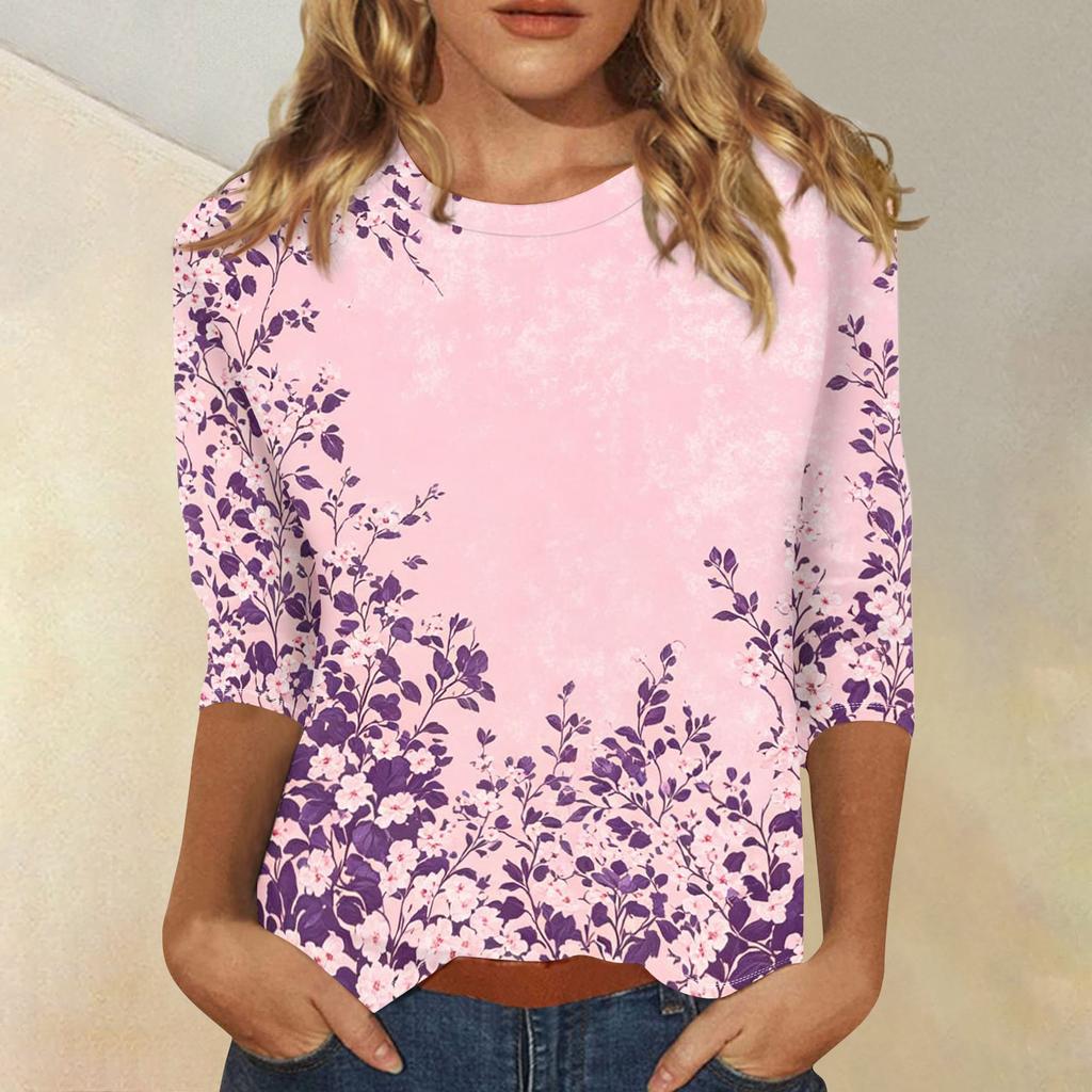 Damen Casual Dreiviertelarm Blumenprint Rundhalsausschnitt Oberteil Leichter Weicher Stoff Bequeme Passform Bluse für den Alltag