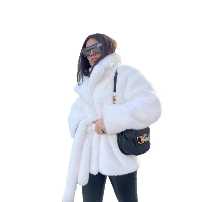 

Women s Belted Faux Fur Coat Stand Collar Warm Loose Elegant Winter Outerwear S білий