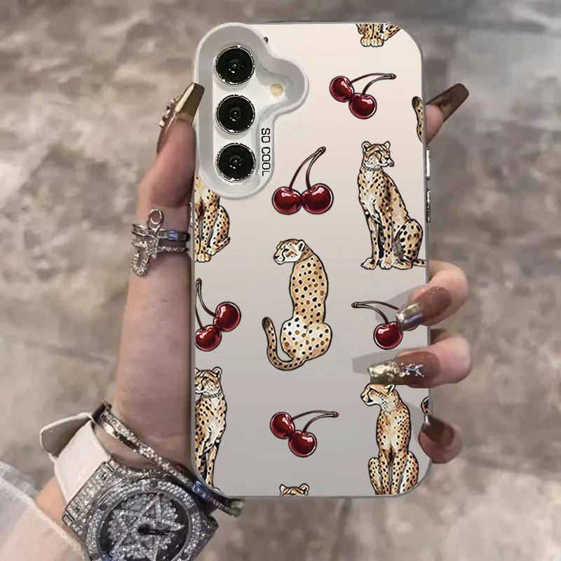 Cherry Leopard Design Laser Phone Case For Samsung Galaxy S25 FE Cases S24 Ultra S23 S22 Plus A56 A55 A54 A53 A36 A26 A16 Cover