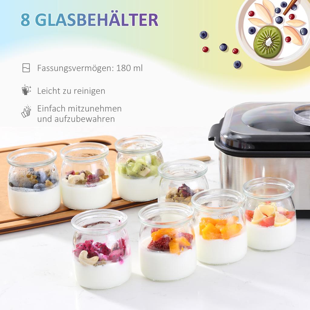Joghurtbereiter, Griechischer Joghurtbereiter mit Deckel, 8 BPA-freie Glas-Innenbehälter à 180 ml, Joghurtbereiter mit LCD-Display-Timer