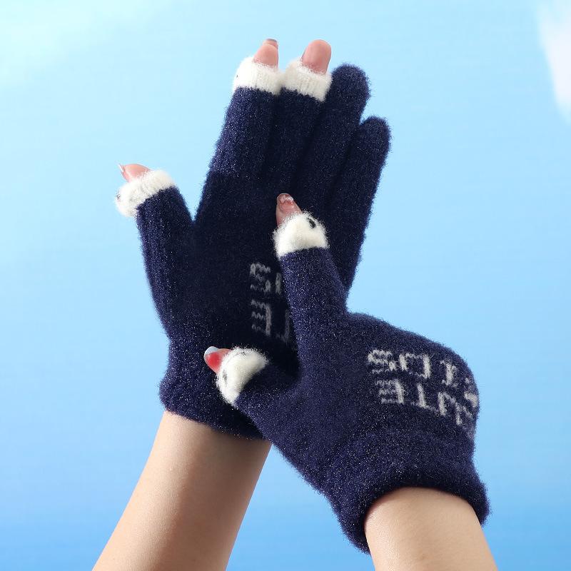 Winter Cartoon Cute Parent Child Gloves Riding Knitted Warm and Cold Baby Leaking Finger Gloves Yarn Thickened Gloves