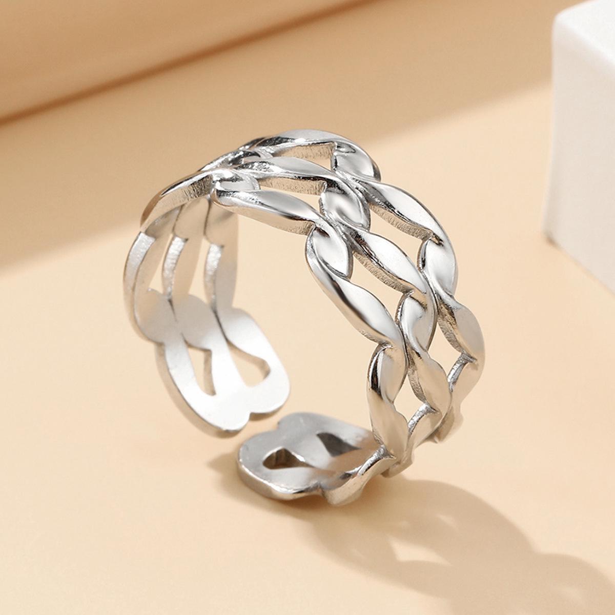 Elegant Geometric Wave Lines Open Ring for Women - Gold Plated Stainless Steel Jewelry