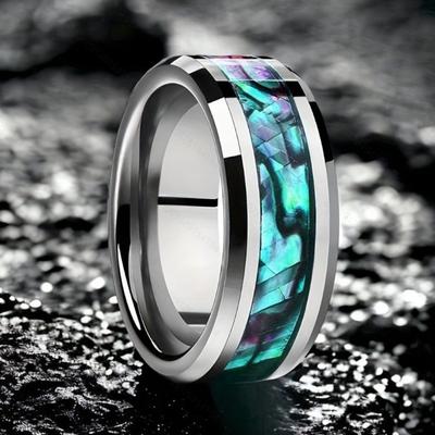 8MM Bunte Perlmutt-Einlage Herren Edelstahlringe Silberfarbe Ehering Schmuck Party Stahlring Zubehör Geschenk
